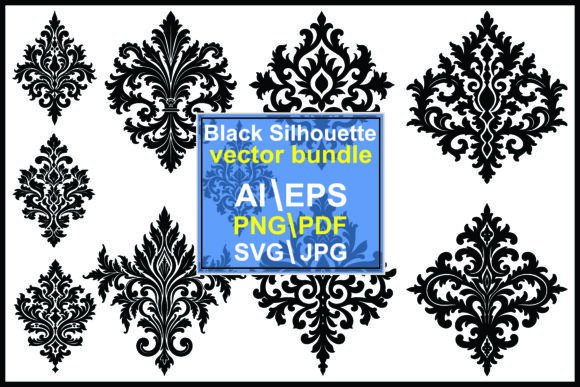 Black Ornate Damask Pattern Vector Bundle