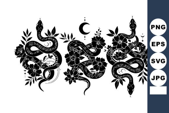 Black Snake with Floral Elements and Crescent Moon: A Gothic Design Evaluation