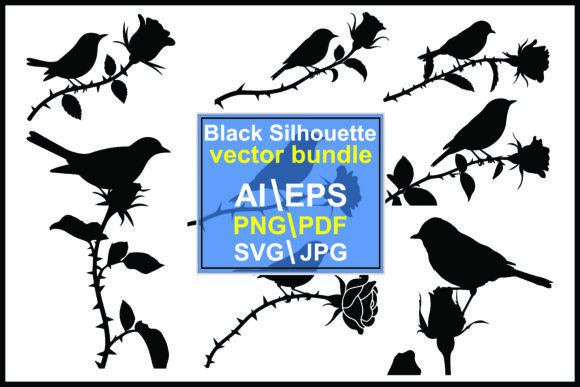 Silhouette Birds Perched on Rose Branche