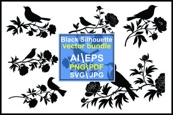 Silhouettes of Birds Flowers Branches