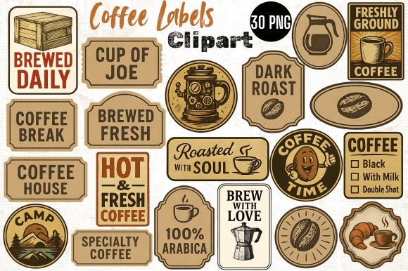 Vintage Coffee Labels Clipart and Ephemera Collection